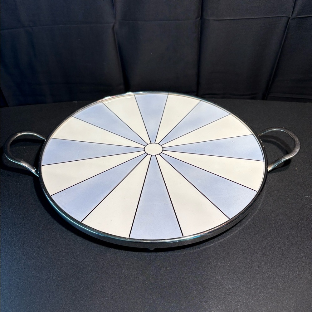 Rare 1930s Theodor Paetsch Cake Plate - Blue Spritzdekor Sunburst - Metal Frame